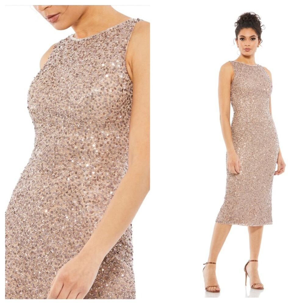 NWT MAC DUGGAL Rosewood Sleeveless Sequined Midi Sheath Dress Women’s